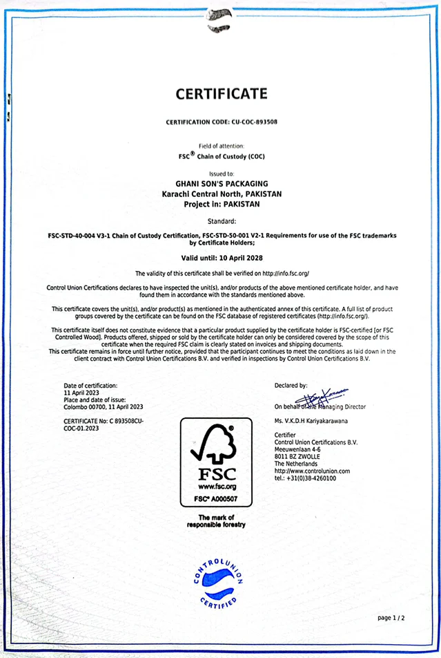 FSC Chain of Custody — CU-COC-893508 certificate — Ghani Sons Packaging Pakistan