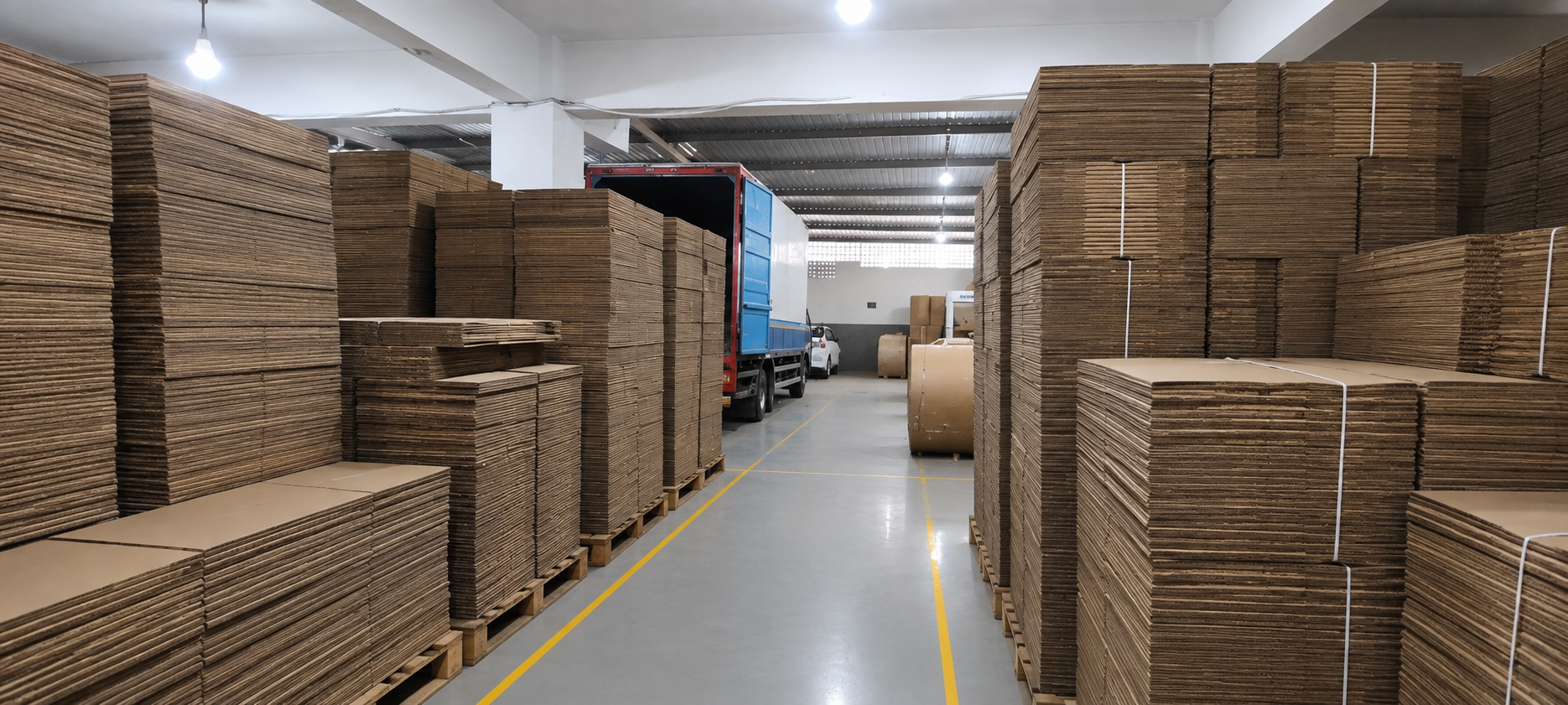 Corrugated board sheets stacked in warehouse at Ghani Sons Packaging Karachi